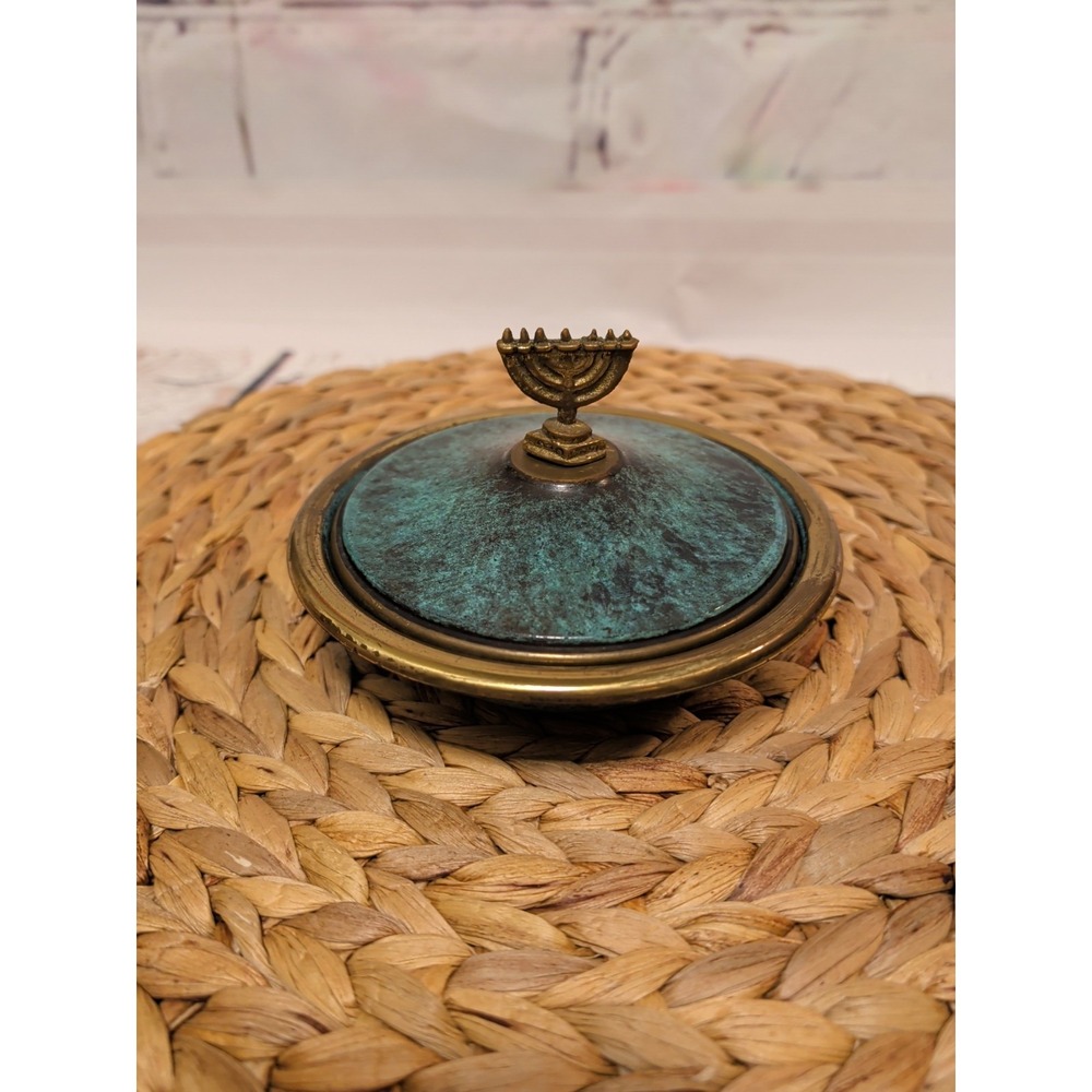 Brass Lidded Bowl with A Verdigris Finish Menorah Finial - Picture 2 of 10